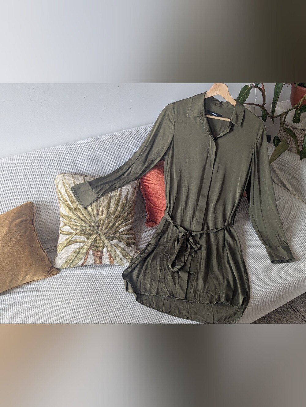 Quince Olive Green Long Sleeve Silk Shirt Dress with Tie Waist